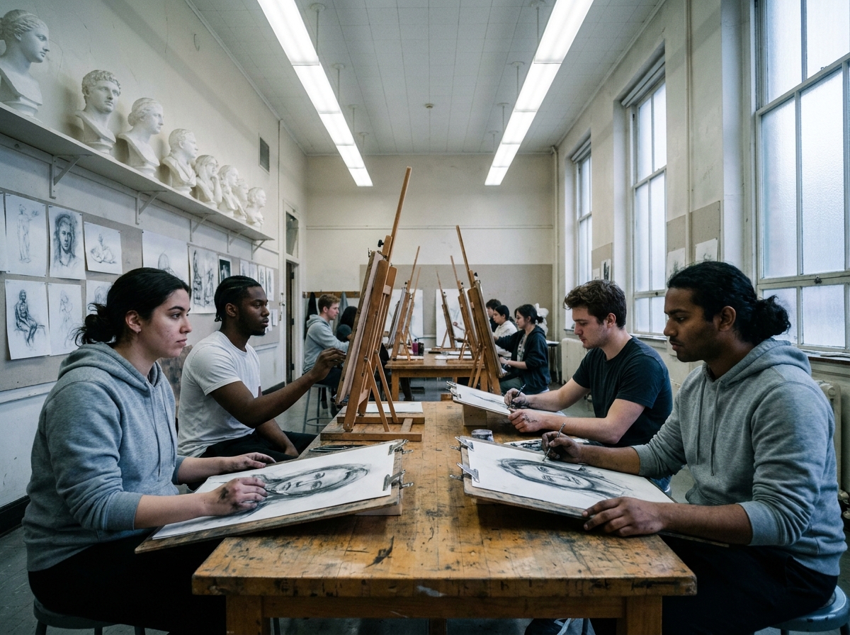 Étudiants en arts plastiques travaillant au fusain dans une salle de classe d'une école publique des beaux-arts