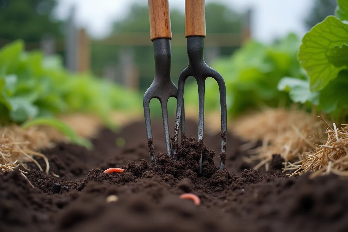 Gros plan d'une grelinette plantée dans un sol riche et humide d'un jardin potager biologique avec lombric visible