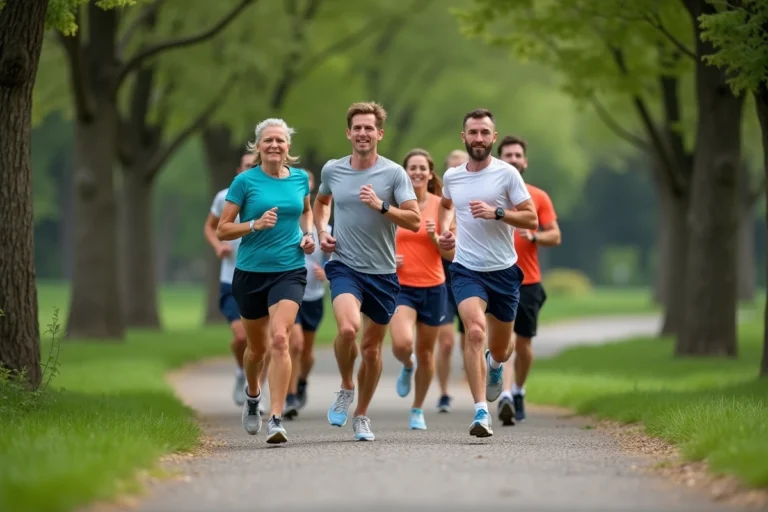 Groupe de coureurs en plein effort dans un parc verdoyant