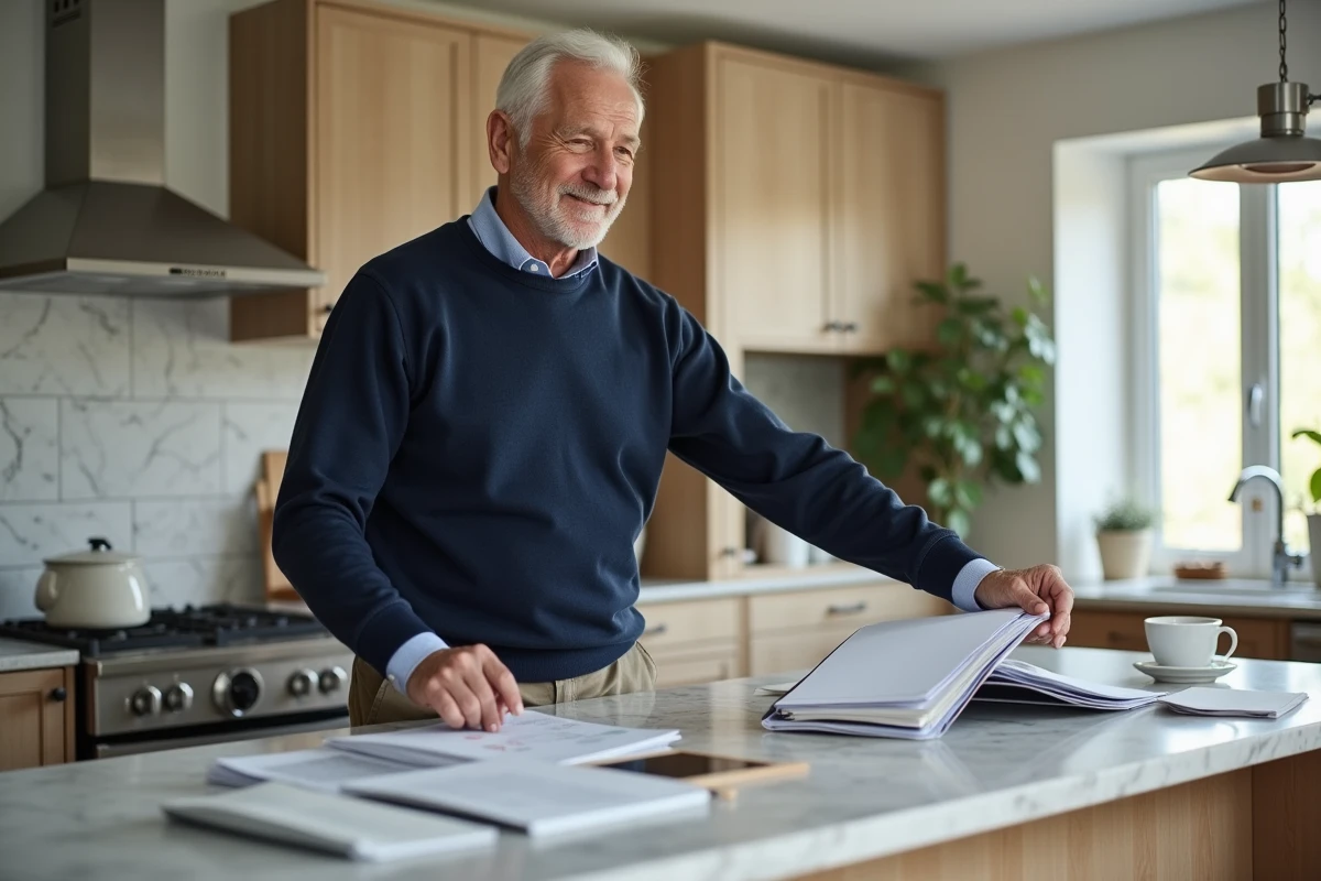 Homme d age triant des dossiers dans la cuisine familiale