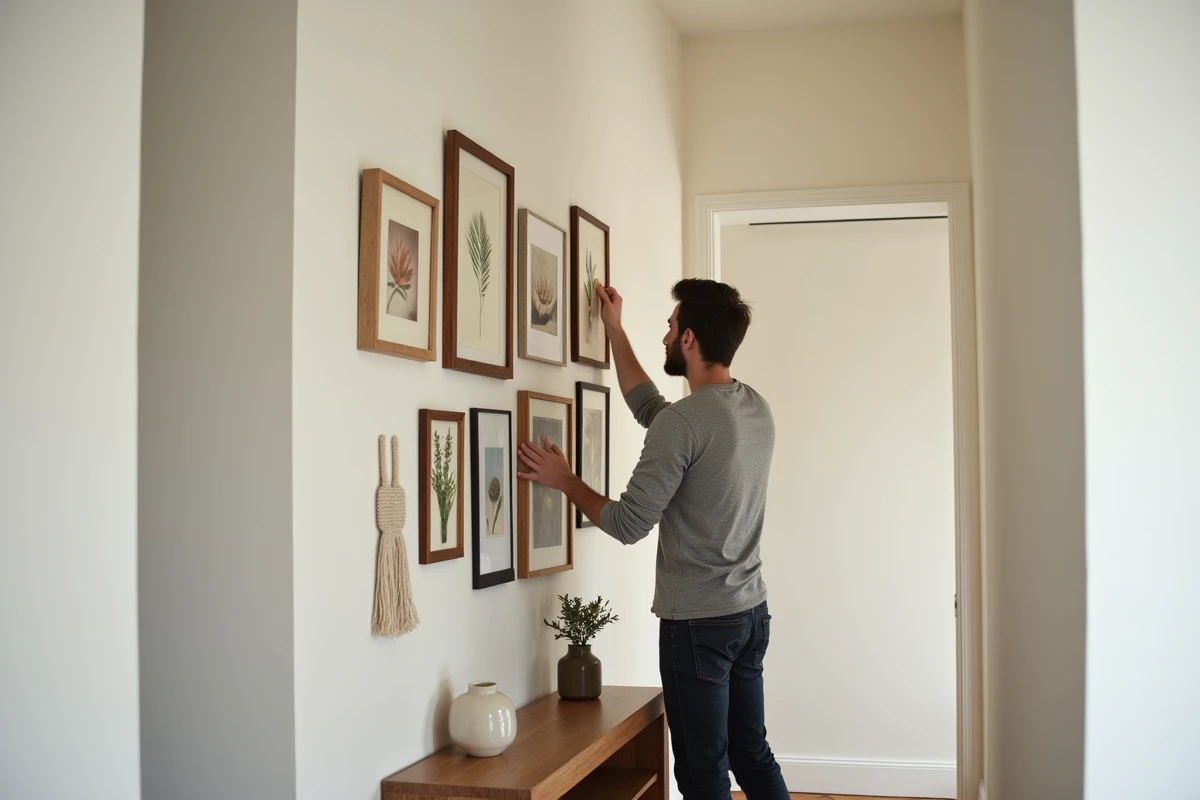 Homme décorant un mur de cadres variés avec des illustrations botaniques et des pièces en macramé dans un couloir d'appartement minimaliste
