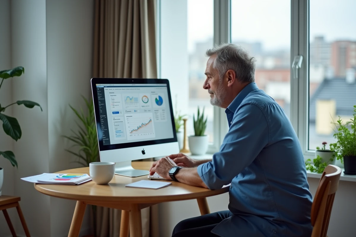 Homme vérifiant ses finances sur son ordinateur dans un appartement urbain