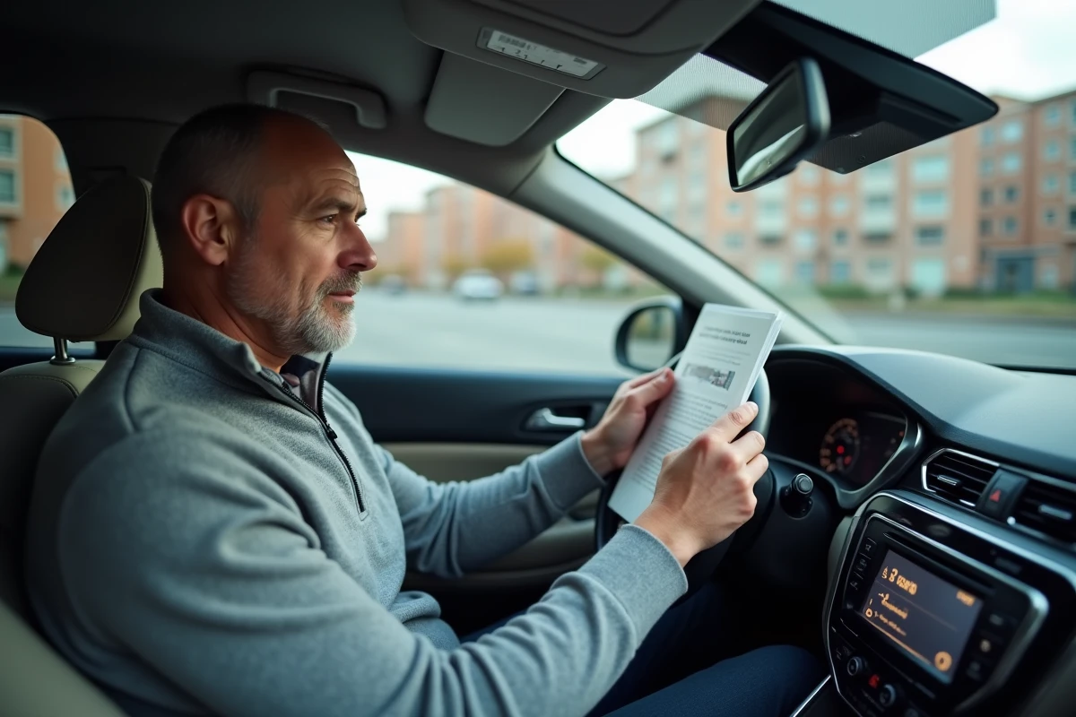 Homme lisant le manuel automobile dans une voiture