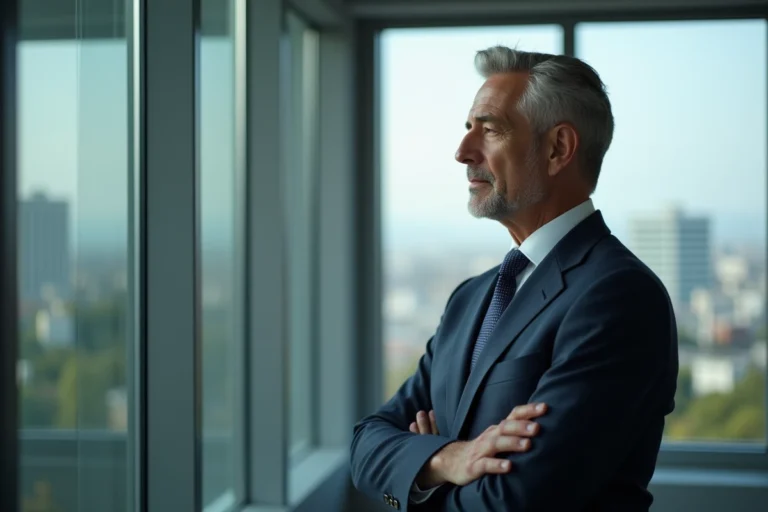 Homme méditerranéen en costume dans un bureau moderne