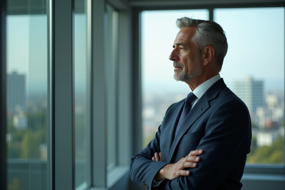 Homme méditerranéen en costume dans un bureau moderne