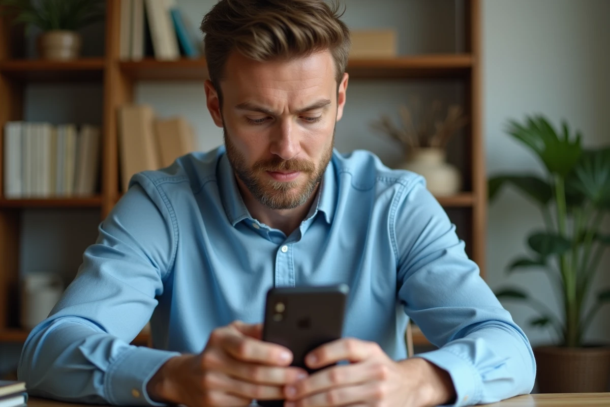Homme en chemise bleue regarde son smartphone à la maison