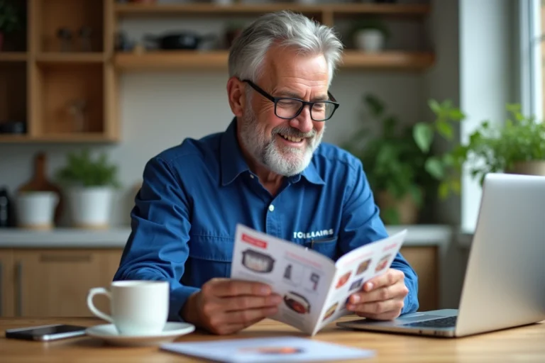 Homme en uniforme postal feuilletant une brochure dans la cuisine