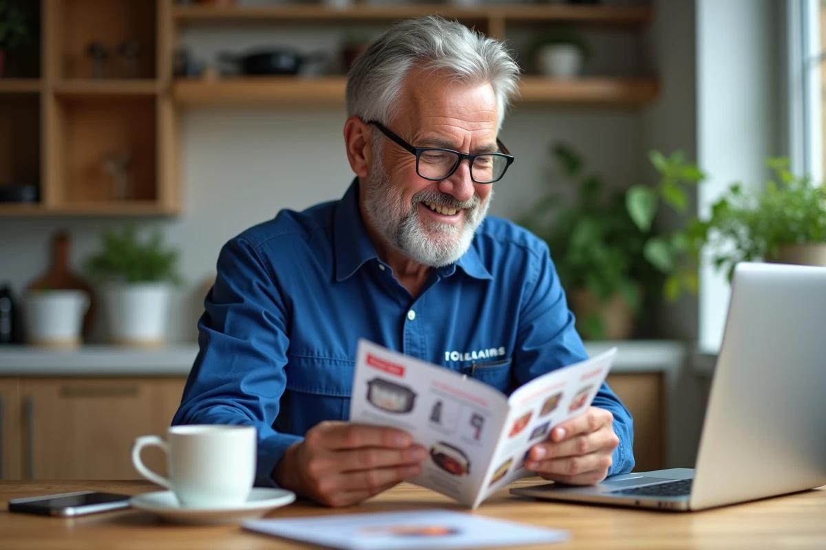 Homme en uniforme postal feuilletant une brochure dans la cuisine