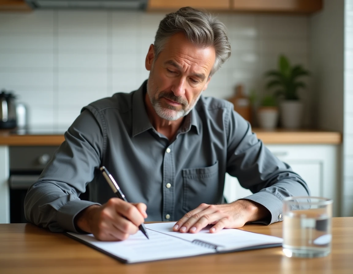 Homme rédigeant une lettre de résiliation de mandat IAD à son domicile