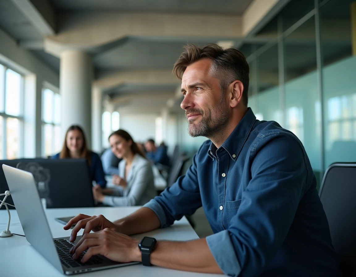 Homme en réunion virtuelle sur ordinateur portable dans un bureau professionnel en open space