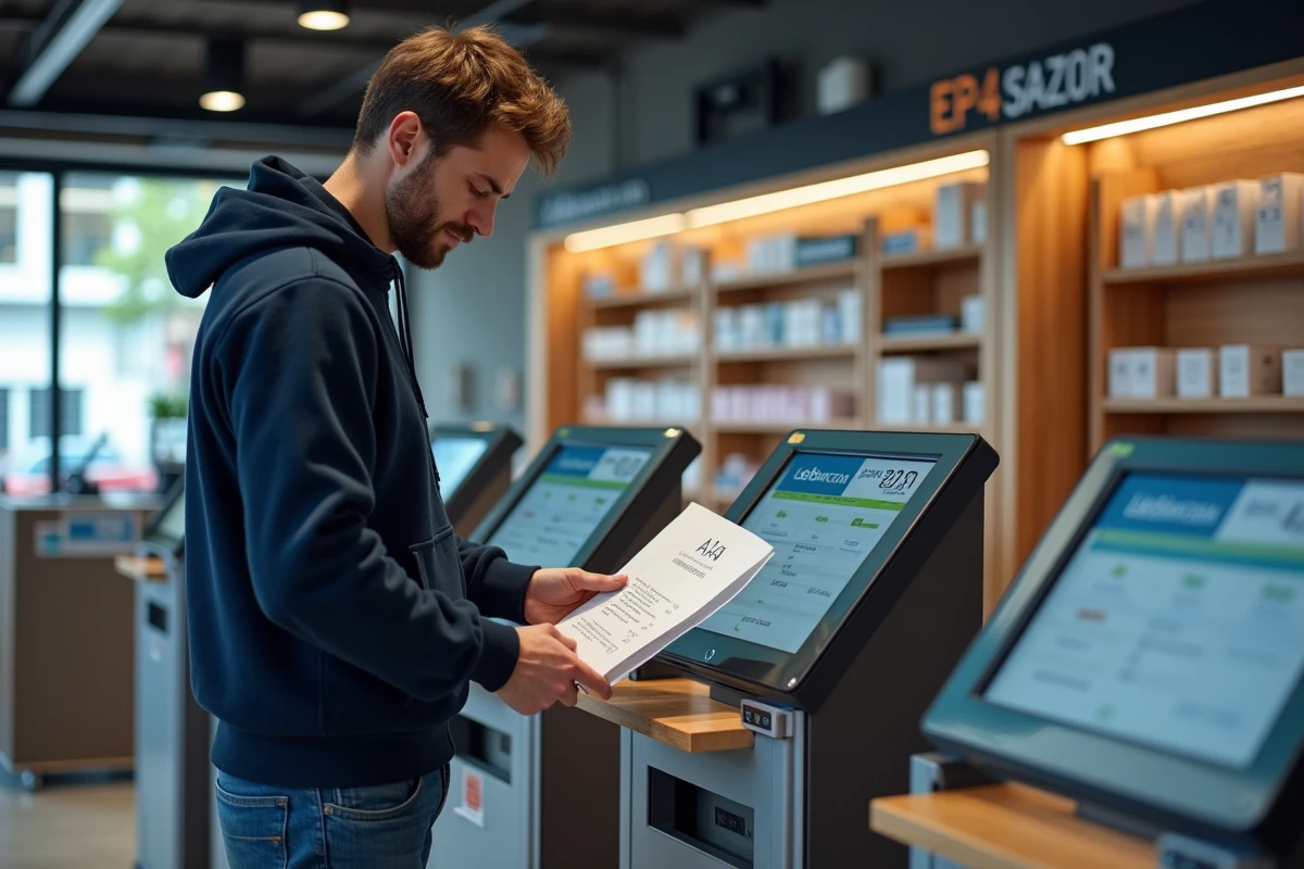 Homme imprimant un bordereau de livraison Mondial Relay dans une boutique de photocopie
