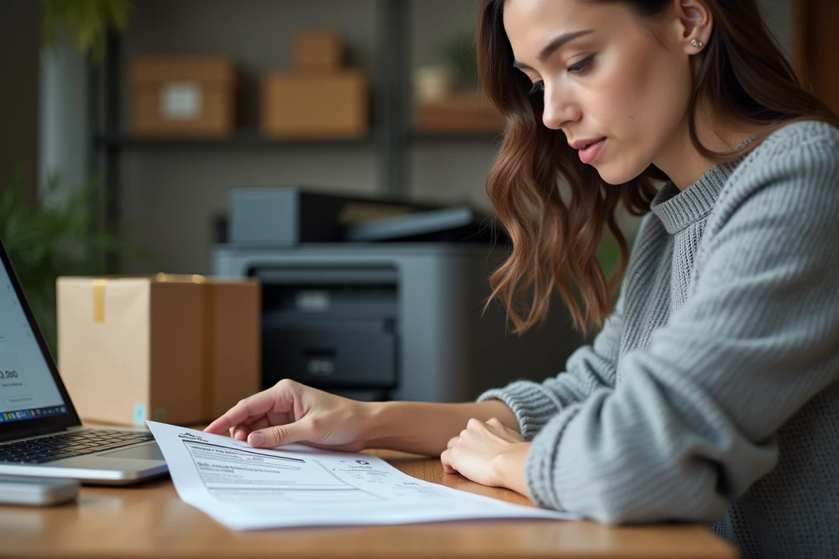 Femme imprimant et vérifiant un bordereau Mondial Relay depuis Leboncoin à son bureau à domicile