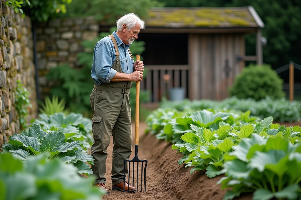 Jardinier expérimenté tenant une grelinette dans un grand potager bio avec légumes en pleine croissance et mur en pierre