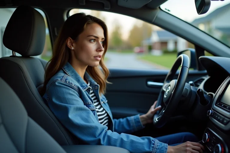 Jeune femme regardant le tableau de bord de sa voiture