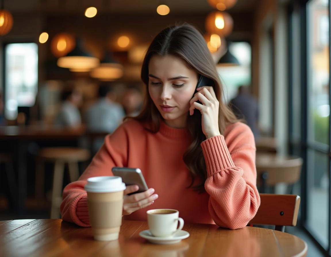 Jeune femme au téléphone avec le service client Transavia dans un café