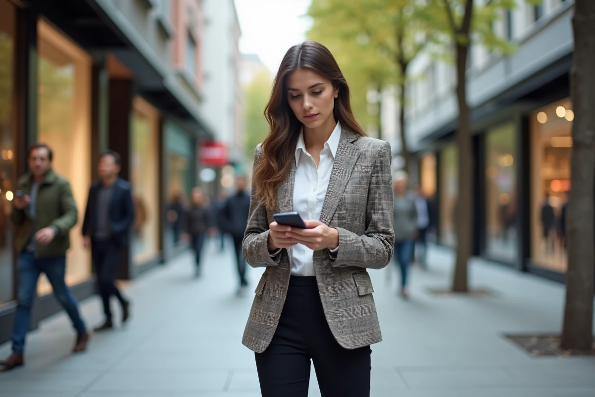 Jeune femme en blazer à carreaux dans la ville