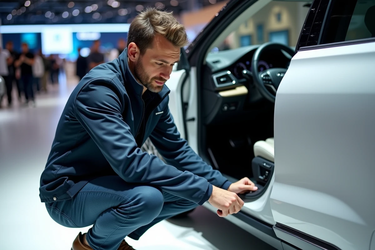 Journaliste automobile examinant l'intérieur d'un SUV hybride blanc lors d'un salon automobile 2024