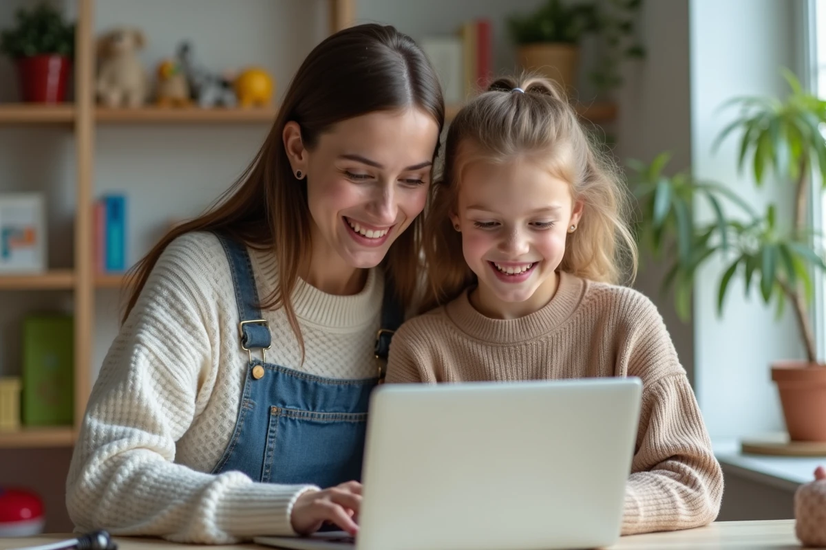Maman et sa fille de 7 ans regardant un ordinateur à la maison