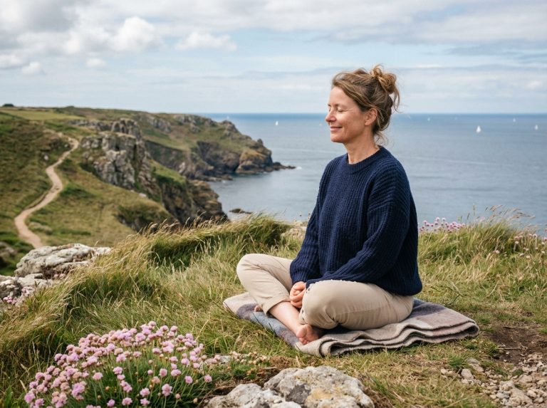 Femme méditant sur une colline en Bretagne avec vue sur la mer