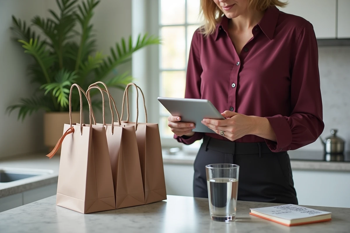 Femme explorant les offres de cashback et bons d'achat Galeries Lafayette sur tablette dans sa cuisine
