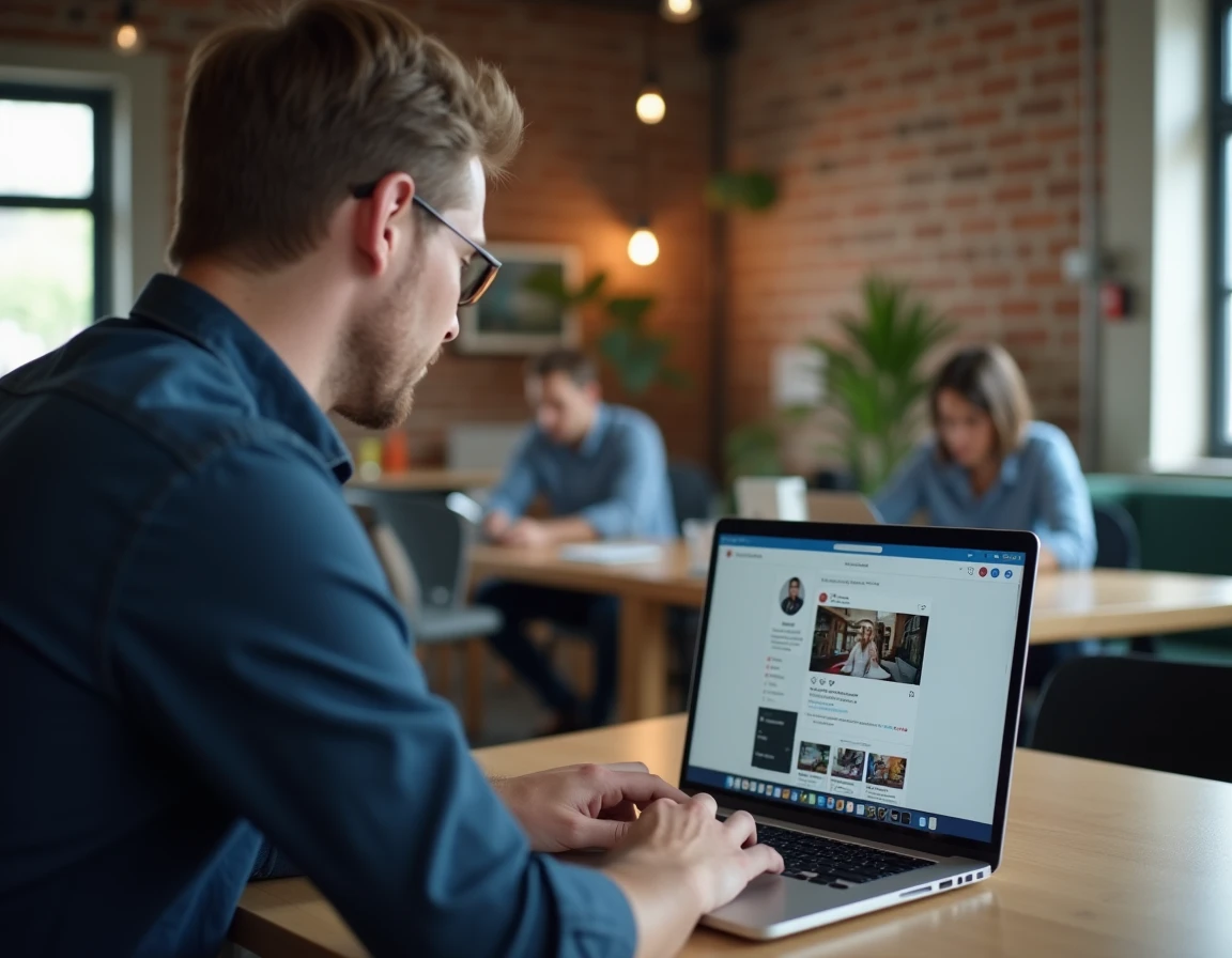 Homme utilisant un outil en ligne pour agrandir une photo de profil Instagram sur un ordinateur portable en espace de coworking