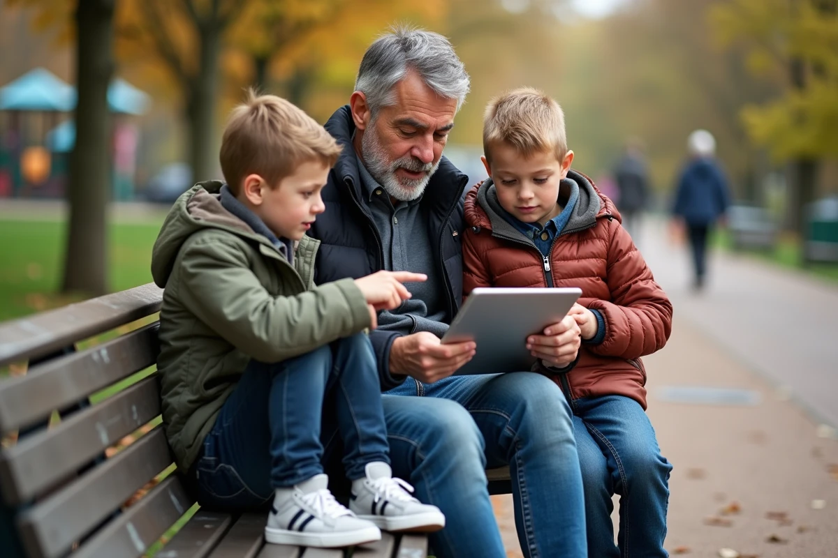 Père et ses deux fils sur un banc dans un parc en été