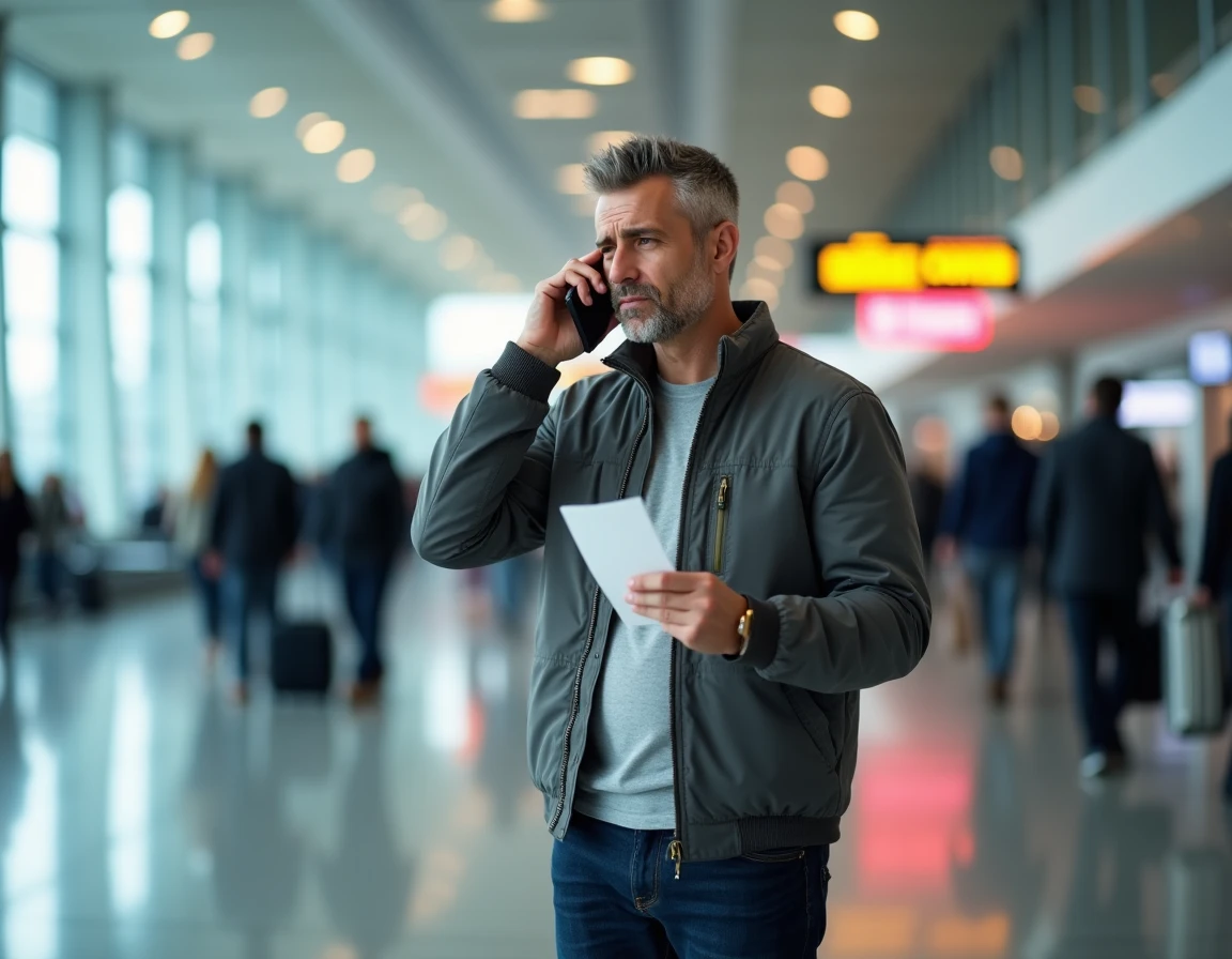 Passager appelant le service client Transavia depuis un terminal d'aéroport