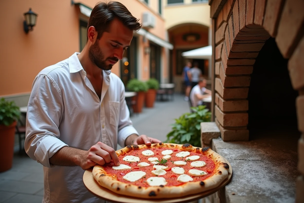 Pizzaiolo napolitain assemblant une pizza margherita devant un four à bois en pierre dans une cour de pizzeria en plein air
