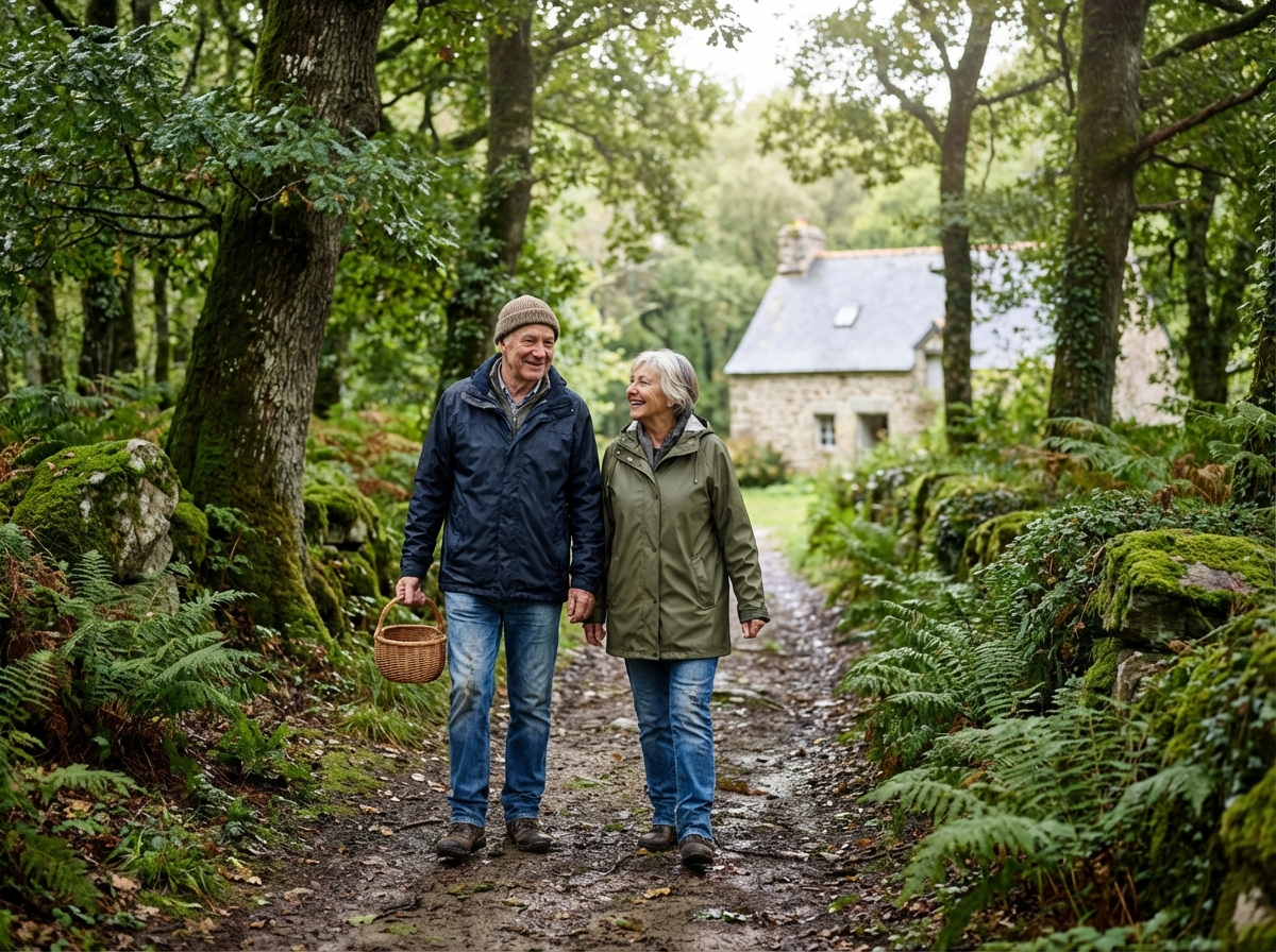 Couple âgé marchant dans la forêt en Bretagne