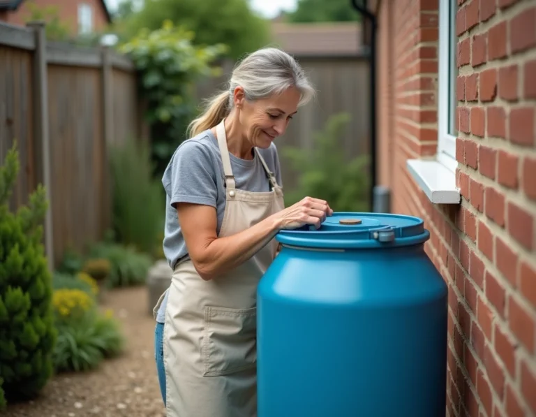 Femme inspectant un récupérateur d'eau de pluie dans un jardin domestique