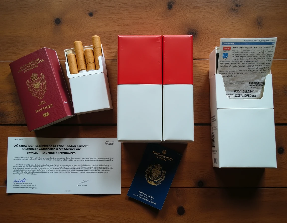 Vue de dessus de cartouches de cigarettes posées avec un passeport français et un document de réglementation douanière