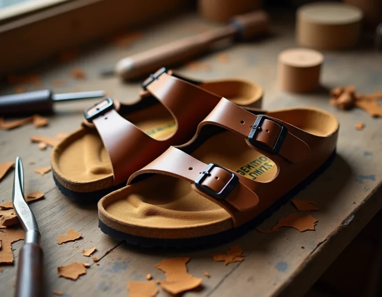 Paire de sandales Birkenstock Arizona en cuir nubuck sur un établi d'artisan cordonnier avec outils traditionnels, mettant en valeur la fabrication artisanale