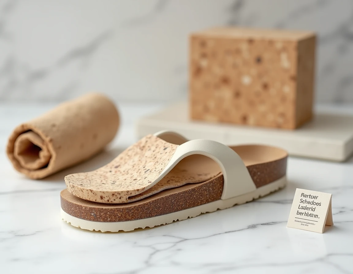 Gros plan sur la semelle en liège et latex d'une sandale Birkenstock, posée sur marbre blanc avec des matières premières naturelles illustrant la qualité des composants
