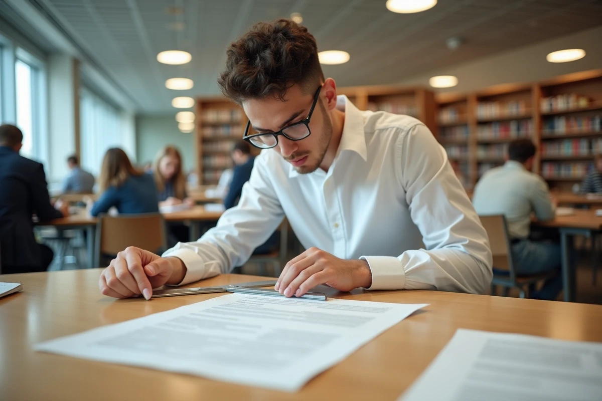 Jeune homme séparant lamination dans une bibliothèque