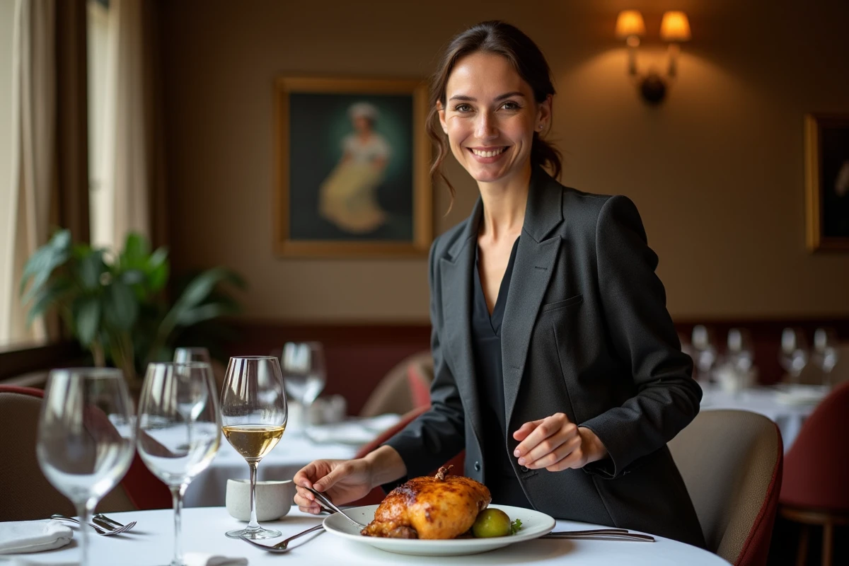 Sommelier élégante servant un vin jaune dans un restaurant chic