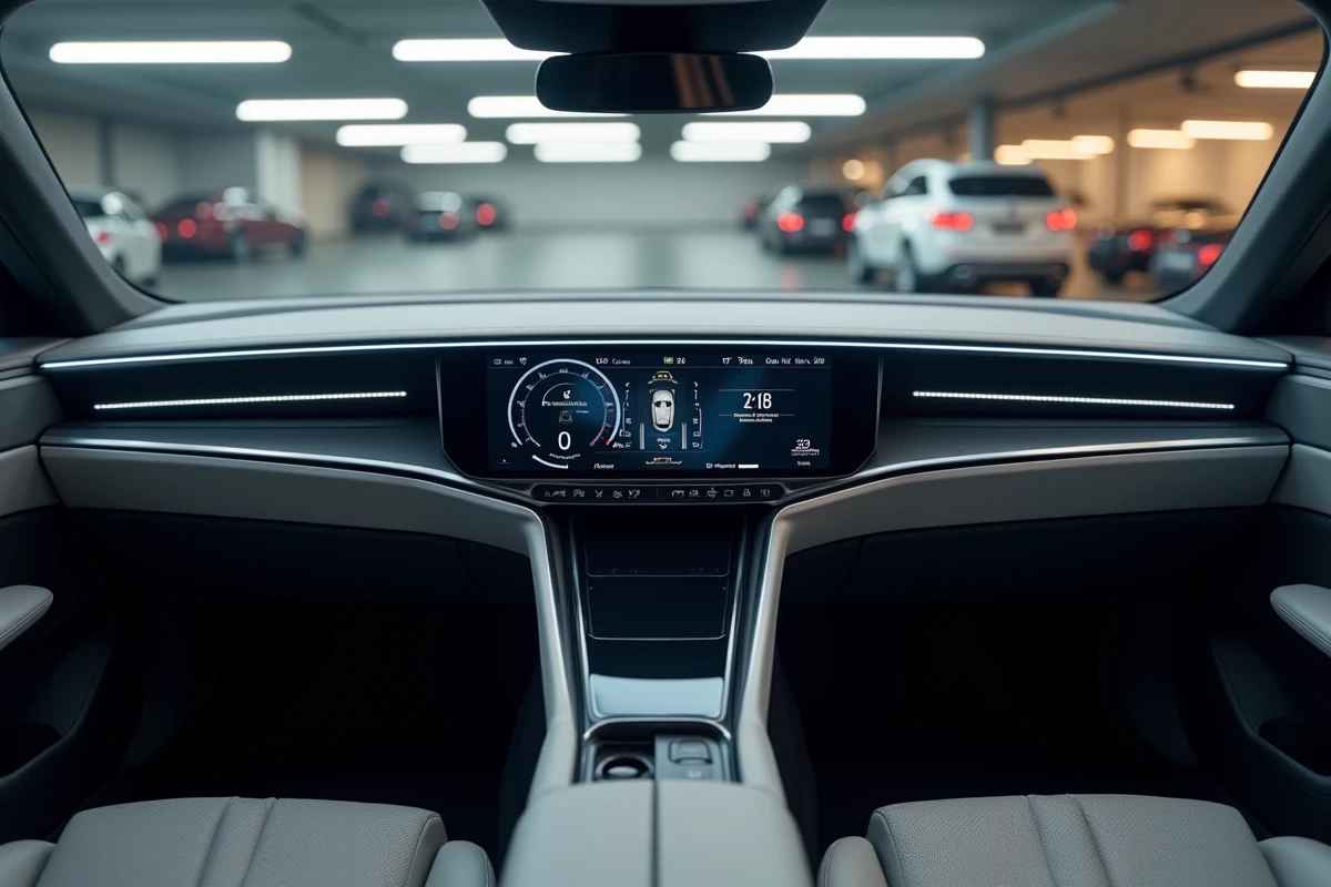 Tableau de bord numérique futuriste d'un concept car 2024 avec écran incurvé et console tactile
