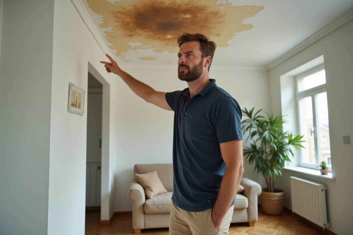 Homme montrant une tache d'humidité au plafond causée par un dégât des eaux dans un appartement
