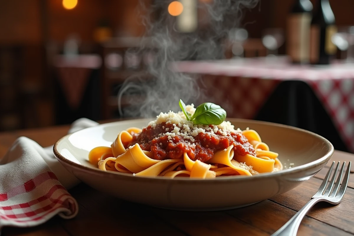 Bol de tagliatelles al ragù bolognese avec parmesan râpé et basilic frais dans une trattoria italienne authentique