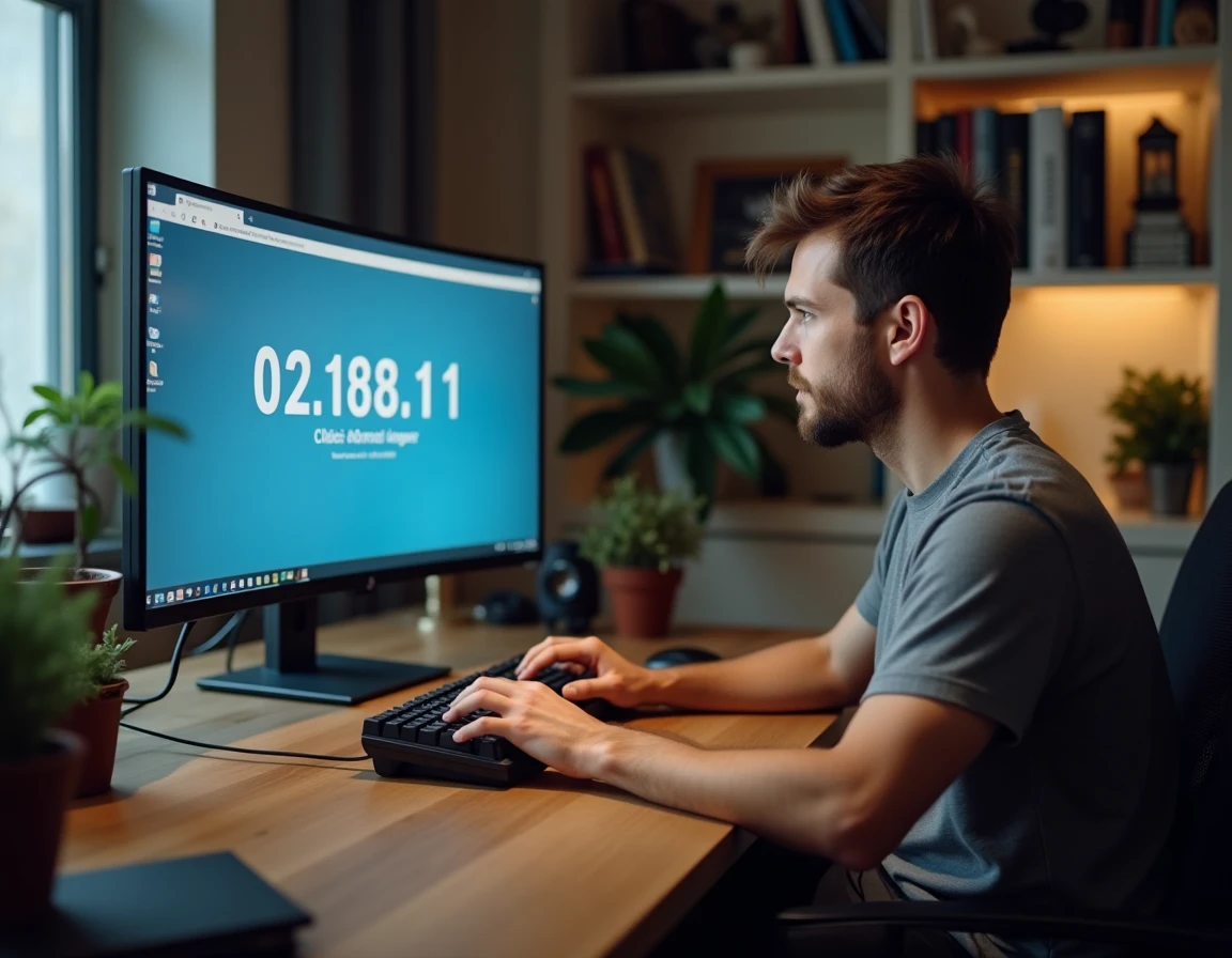 Technicien informatique accédant à l'interface d'administration du routeur via l'adresse IP 192.168.1.1 sur un écran d'ordinateur