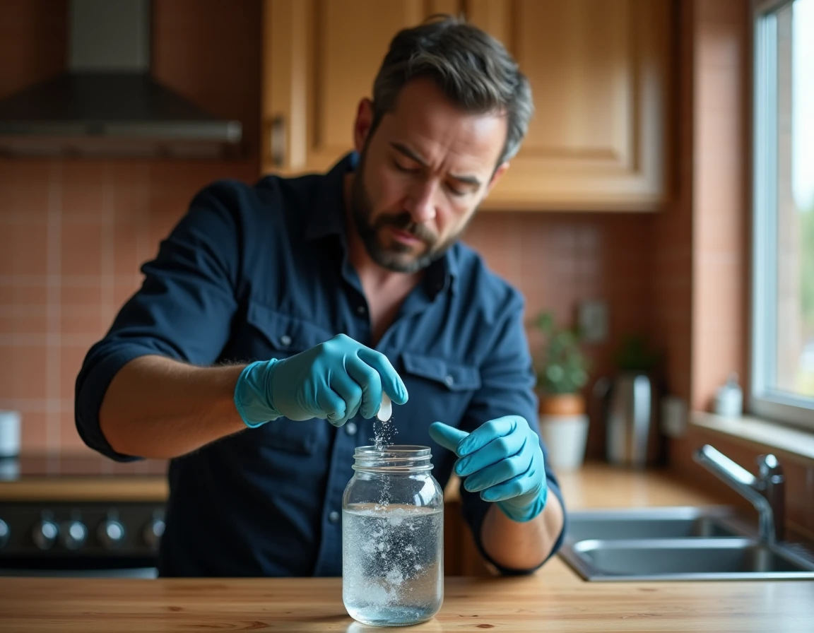 Homme traitant de l'eau de pluie avec des pastilles purifiantes dans une cuisine