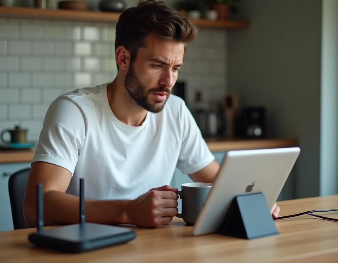 Jeune homme en visioconférence sur tablette à la cuisine avec routeur et câble ethernet visibles