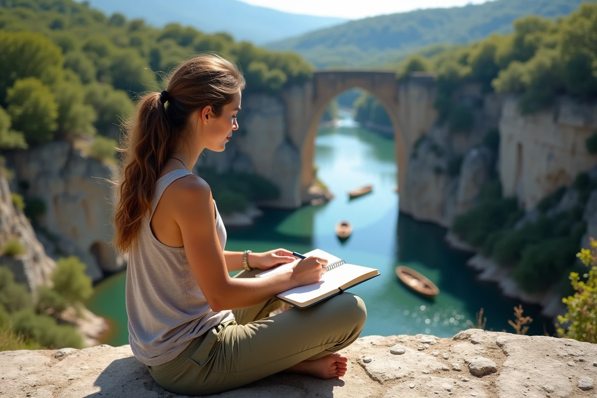Voyageuse solitaire assise sur un rocher calcaire avec vue sur le Pont d'Arc et les gorges de l'Ardèche