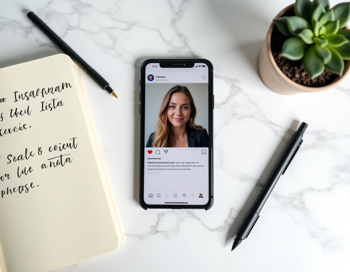 Vue de dessus d'un smartphone affichant une photo de profil Instagram agrandie sur une surface en marbre avec carnet de notes